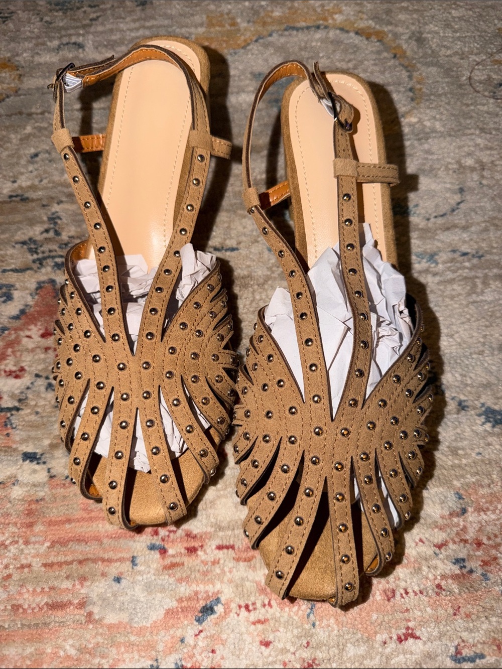 Women’s Tan Studded Slingback Block Heel Sandals